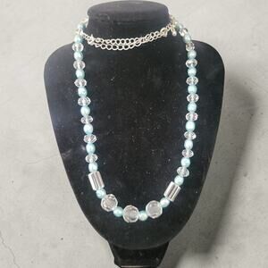 Teal Blue Faux Pearl Crystal Beaded Necklace Silver Tone  Bridal